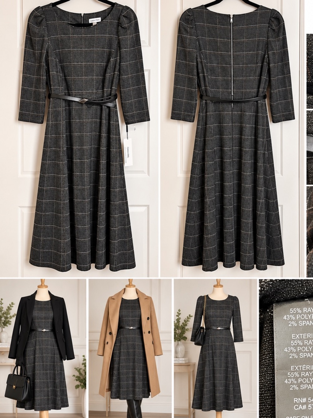 NWT Calvin Klein Size 10 Gray Plaid Belted Fit & Flare Midi Dress